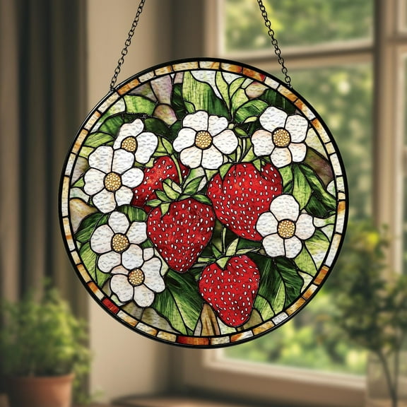 Strawberry Stained Glass Suncatcher Floral Garden Window Hanging, Kitchen Decor, Gift for Strawberry and Nature Lovers