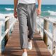 thumbnail image 4 of Pantalones largos de lino para hombre, informales, a la moda, transpirables, con cordón, cintura ajustada, piernas anchas, pantalones largos de rayón para hombre., 4 of 9