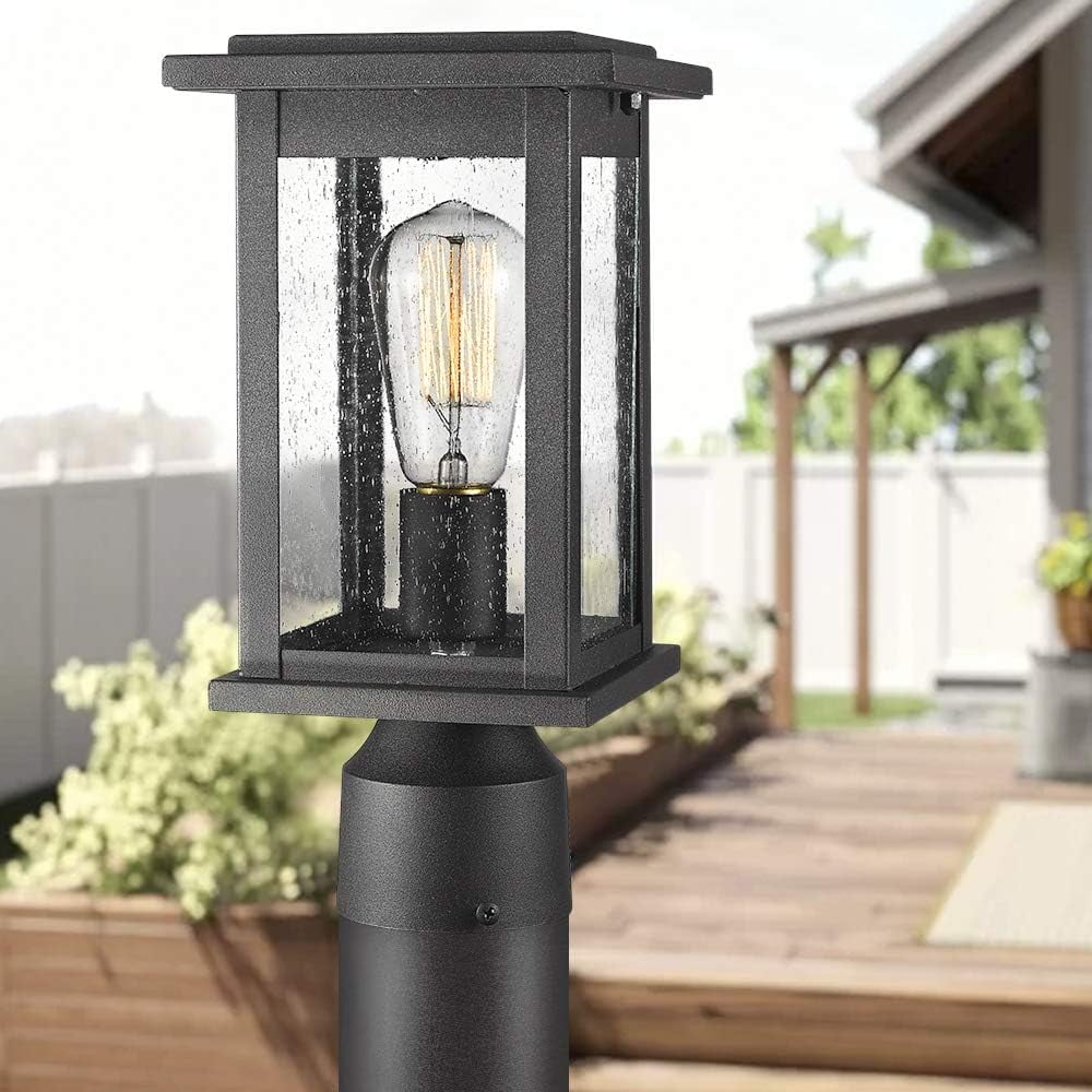 Emliviar Outdoor Post Light Fixtures, 12" Pillar Light in Black Finish with Seeded Glass, E26 Base, 1803EW1-P