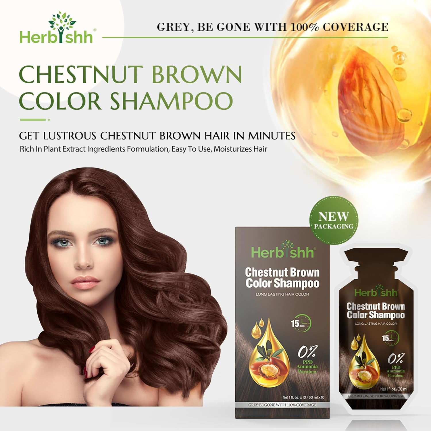 (3 pack) Herbishh Chestnut Brown PPD-Free Shampoo for Gray Hair, Travel-friendly Hair Dye Shampoo 3 in 1, 100% Gray Coverage, Permanent Hair Color for Men & Women, Ammonia-free, 30 ml