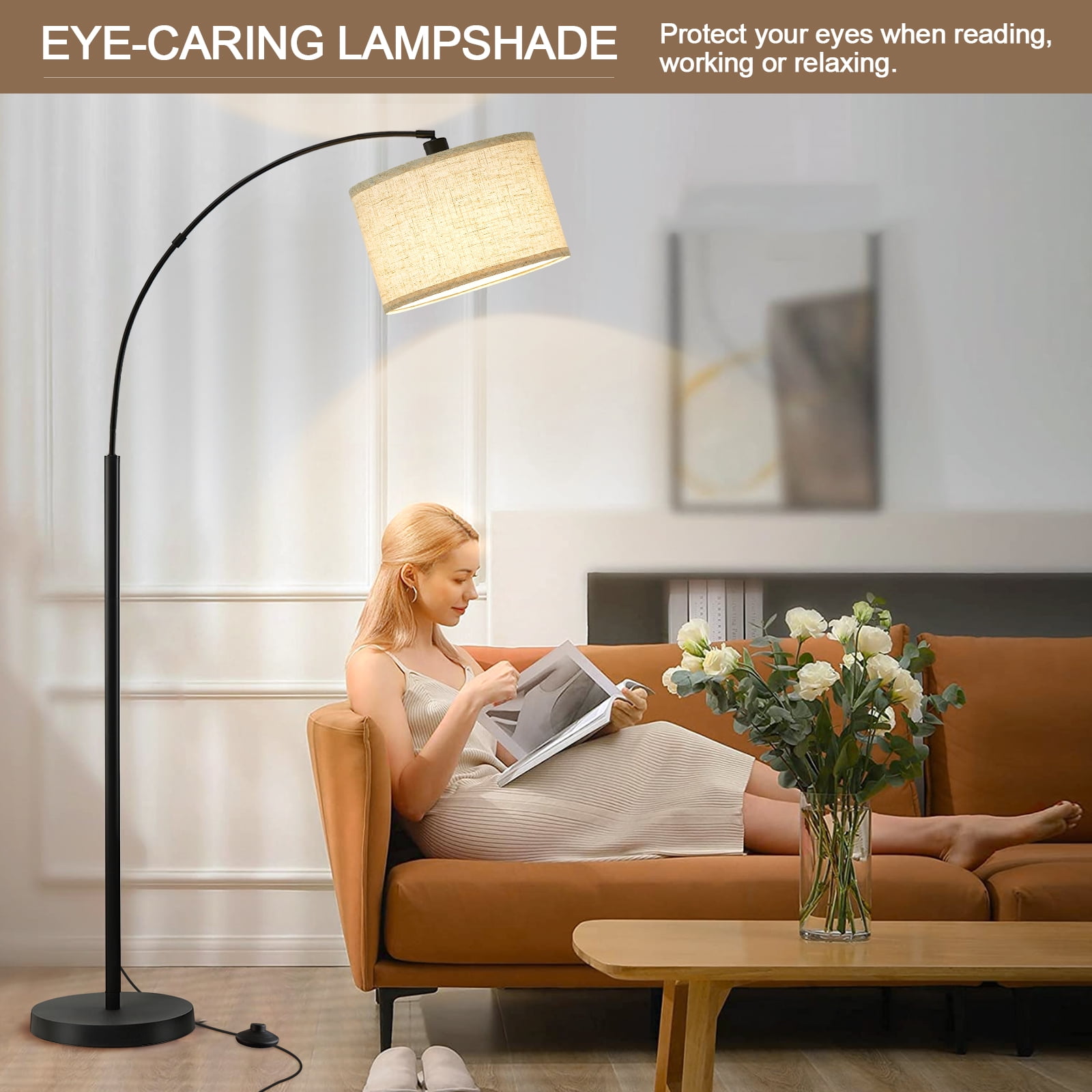 NATYSWAN 71" Arc Floor Lamp with Adjustable Head, Foot Switch & 3 Color Temperatures, Standing Reading Light for Living Room Bedroom Office