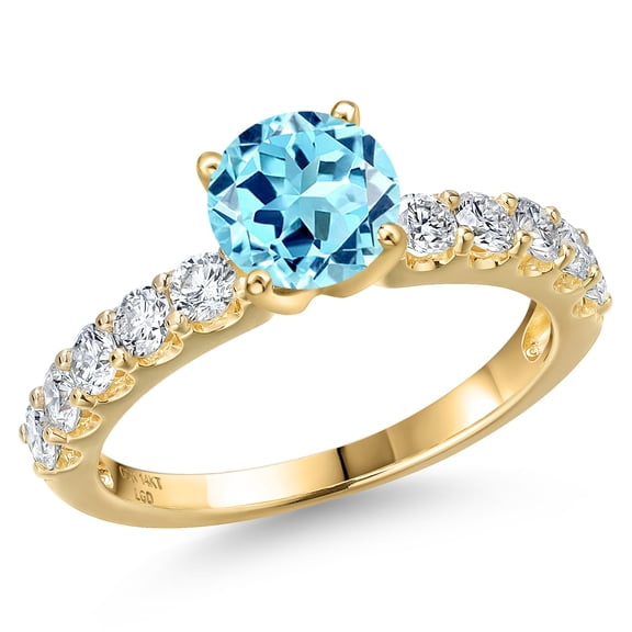 Gem Stone King 14K Yellow Gold Blue Apatite and Lab Grown Diamond Engagement Ring for Women | 1.47 Cttw | Round 6MM | Gemstone Birthstone | Size 7