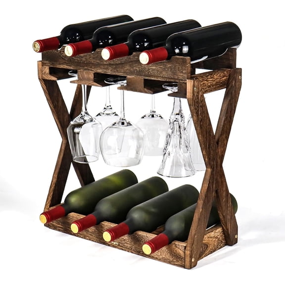 3-IN-1 Countertop Wine Rack with Glass Holder – Store 8 Bottles, 6 Stemware Glasses and Wine Tools | Durable Wooden Wine Bottle Holder | Elegant Home Decor for Kitchen, Dining, and Living Room