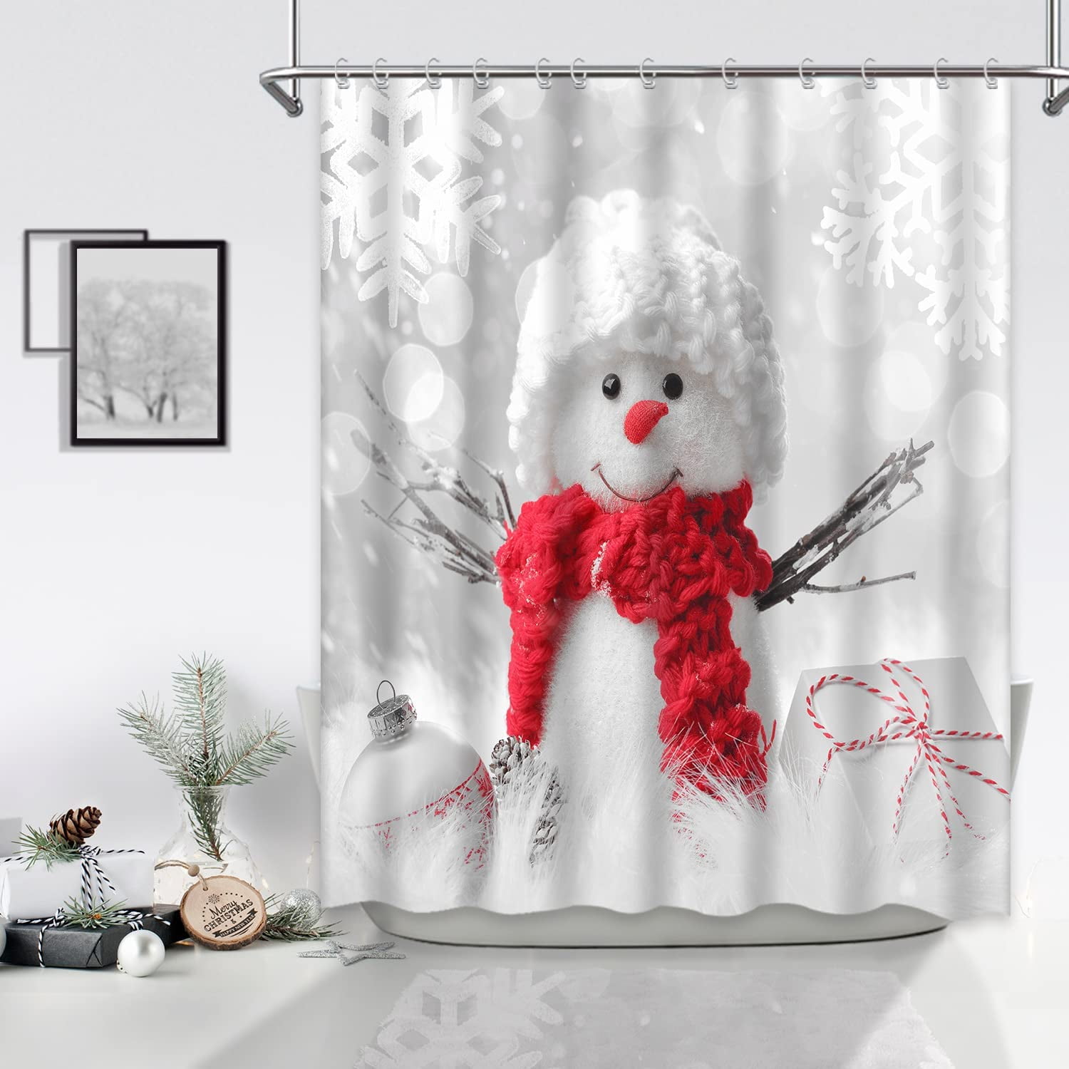 Newhomestyle Cute Snowman Shower Curtain Christmas Snowflake Silver