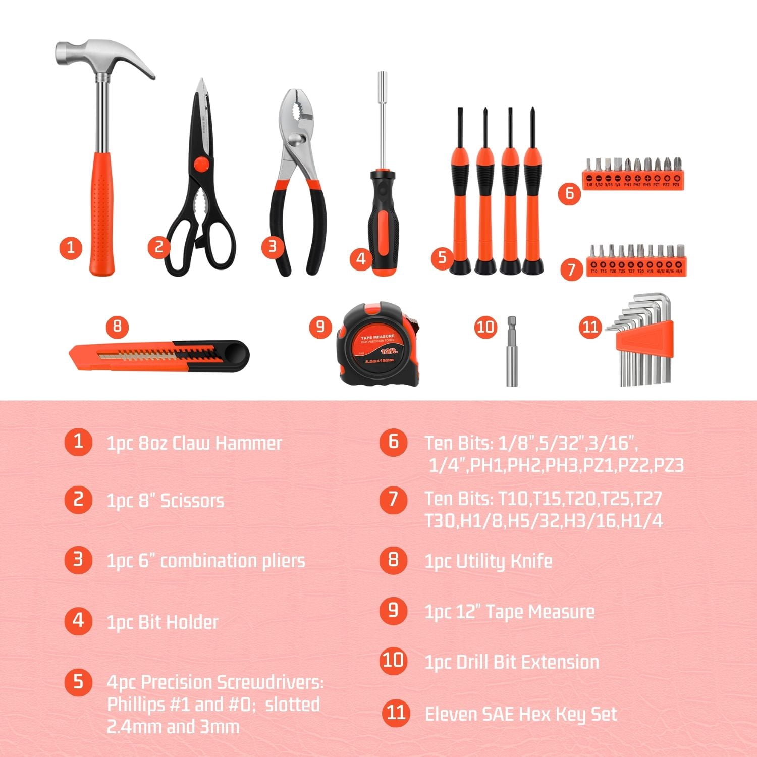 Tool Set Box - Hand Tool Kit & Accessories For General Household DIY Home Repair with Plastic Toolbox Storage Organizer Case - Homeowner's Tool Kit (Orange & Black)
