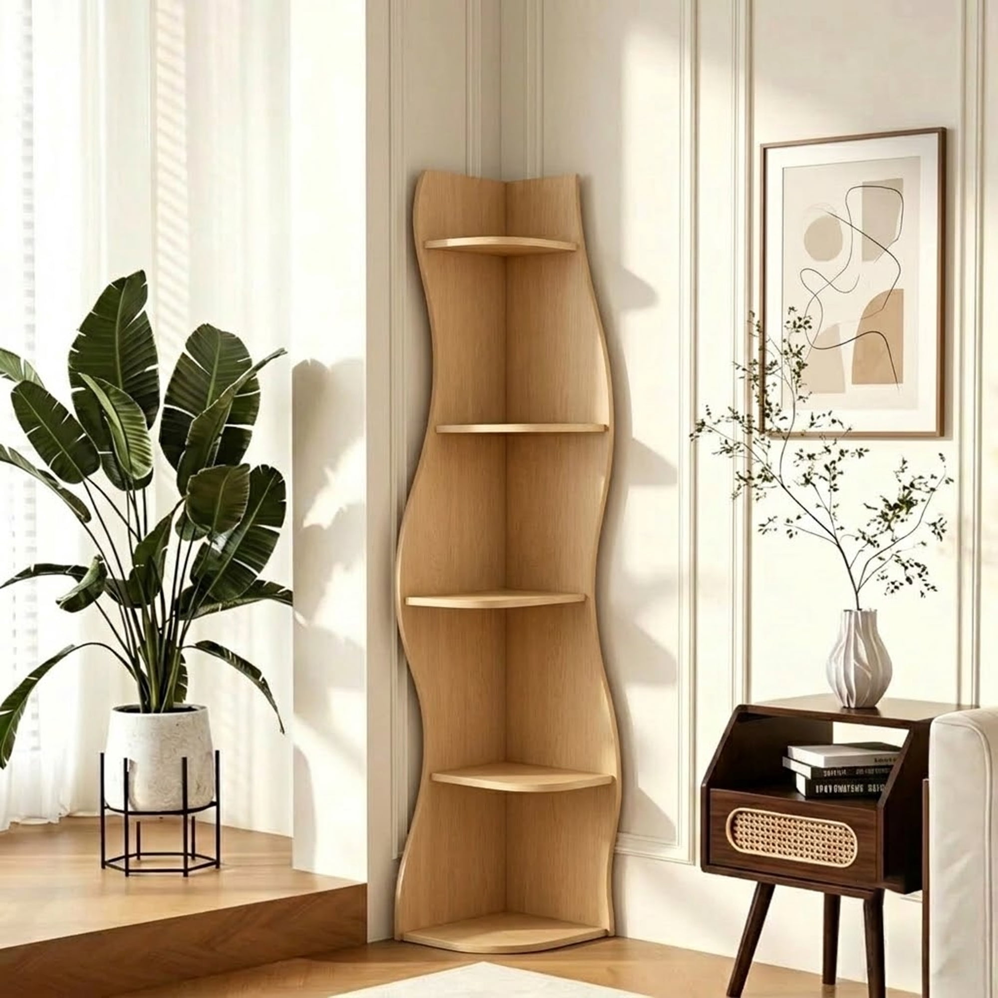 5-Tier Corner Shelf S-Shaped with Curved Modern Design, Freestanding Display Rack and Bookshelf Plant Stand for Living Room Bedroom Bathroom, Natural Wood