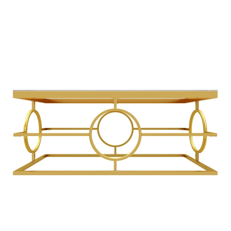 Glass Top Coffee End Table with Gold Metal Frame, Rectangular Storage Center Cocktail Table with Geometric Circle Base