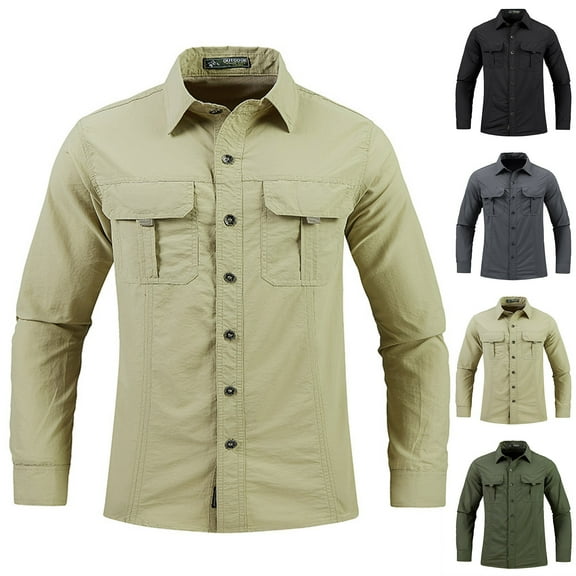 Miluxas Mens Long Sleeve Shirts Casual Button Down Shirt Wrinkle Free Dress Shirt with Pocket Khaki