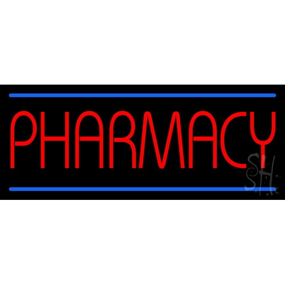 Red Pharmacy Blue Lines LED Neon Sign 10 x 24 - inches, Black Square Cut Acrylic Backing, with Dimmer - Bright and Premium built indoor LED Neon Sign for Defence Force.