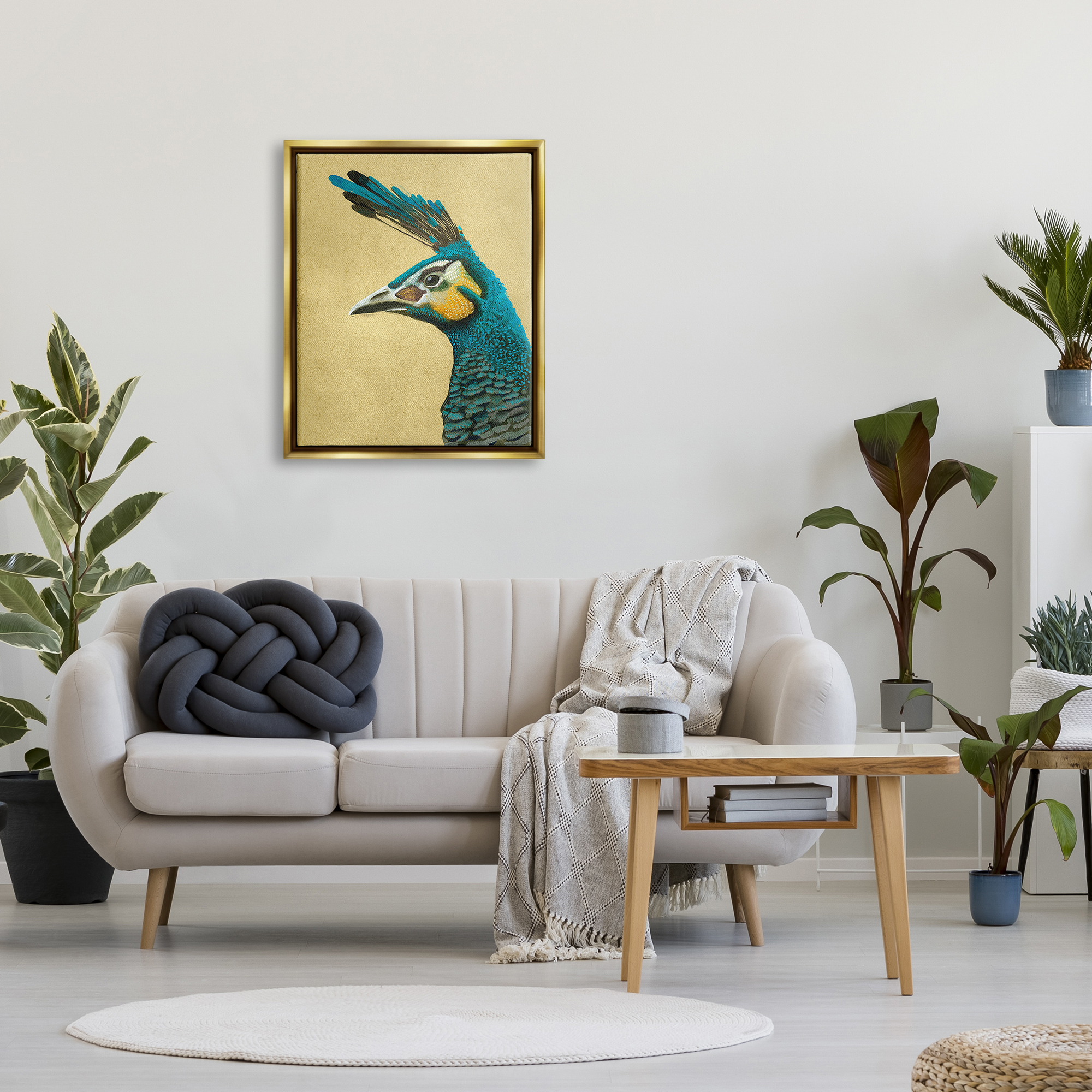 Stupell Industries Peacock Looking Left Animals & Insects Painting Gold Floater Framed Canvas Art Print Wall Art, 25 x 31