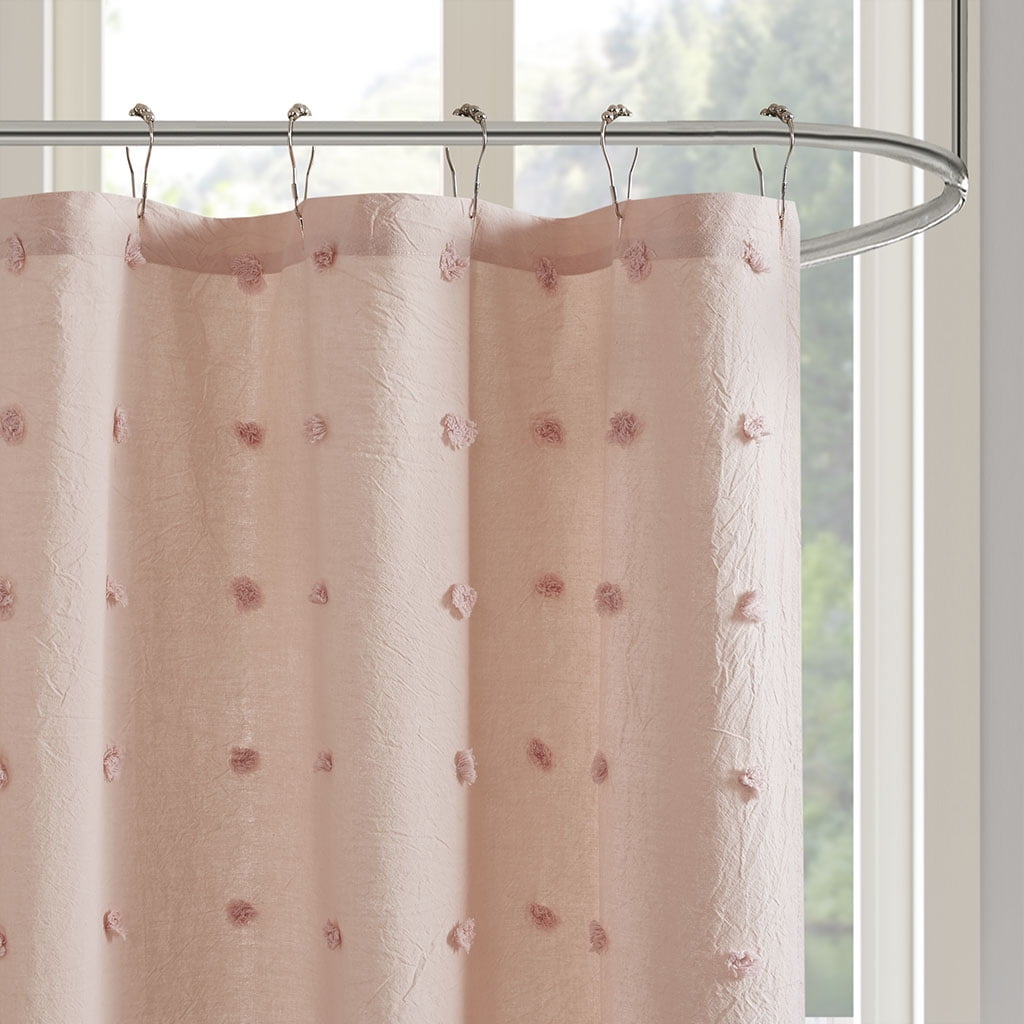 MAYEERTY 100% Cotton Jacquard Pom Pom Shower Curtain, Pink