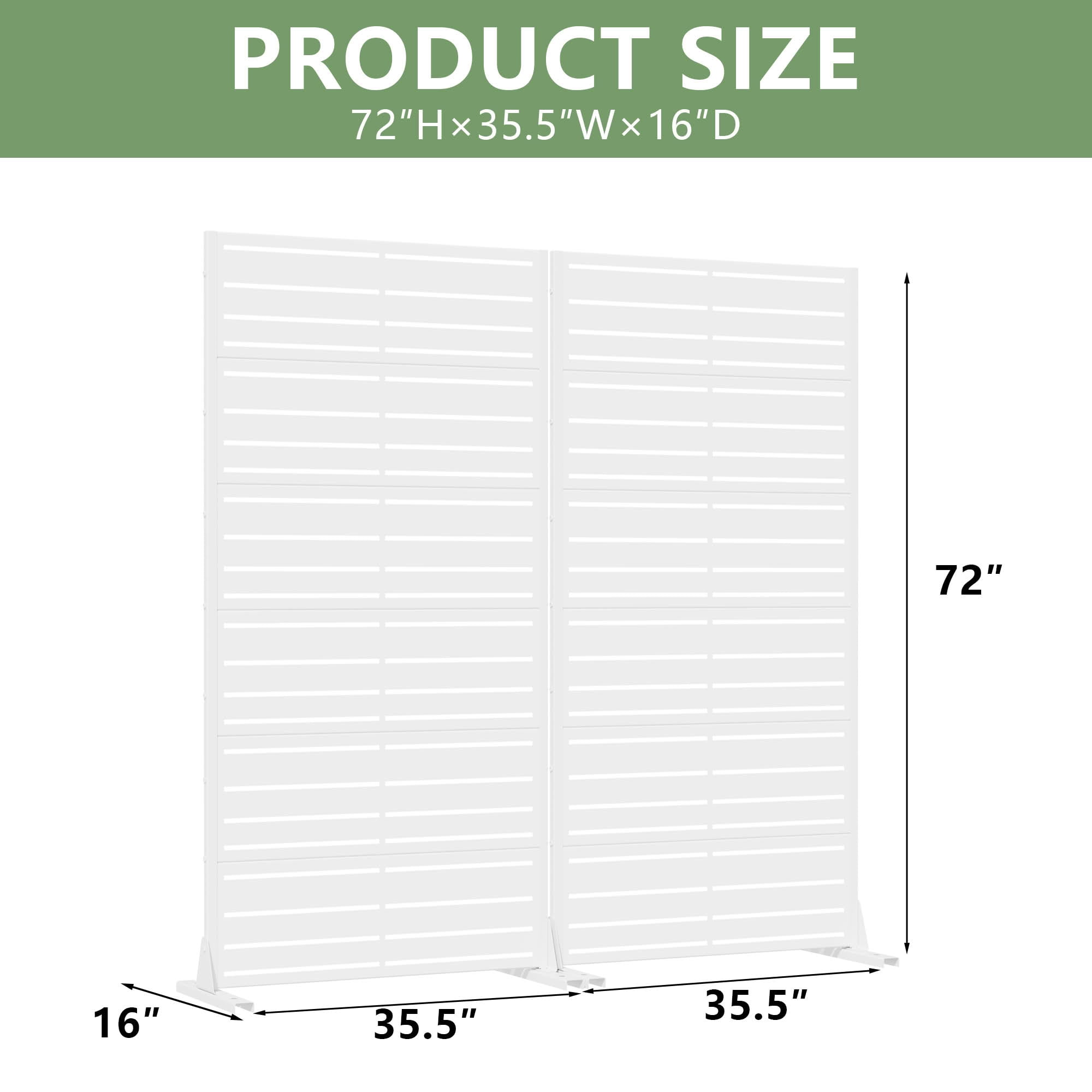MAYEERTY 2-Piece 72"x35" Freestanding Privacy Screen, 6-Panel White Galvanized Steel Screen, Wide-1 Narrow-2 Slats for Outdoor Yard