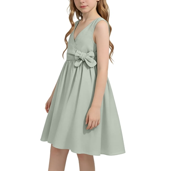 LEWKW Big Girls Skater Dress Solid Color Sleeveless Bow Knot Waist Elegant A-Line formal Gown for Spring Wedding Guest and Junior Bridesmaid