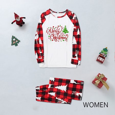 

Christmas Gifts Matching Family Pajamas Sets Christmas Letter Print Top And Plaid Pants Sleepwear for Mom Imitation Cotton White M