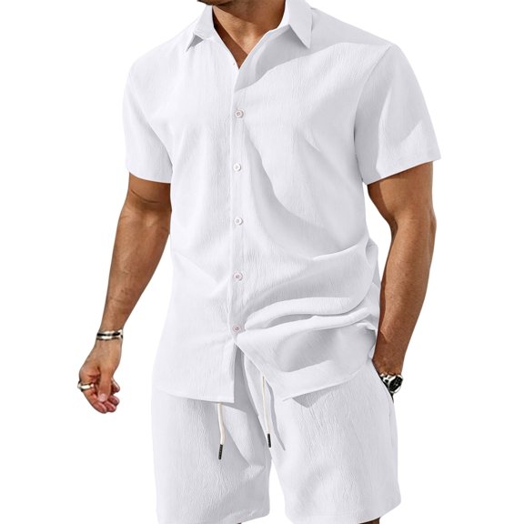 Men 2 Piece Outfit Solid Short Sleeve Button Shirt and Drawstring Shorts Summer Casual Set White S