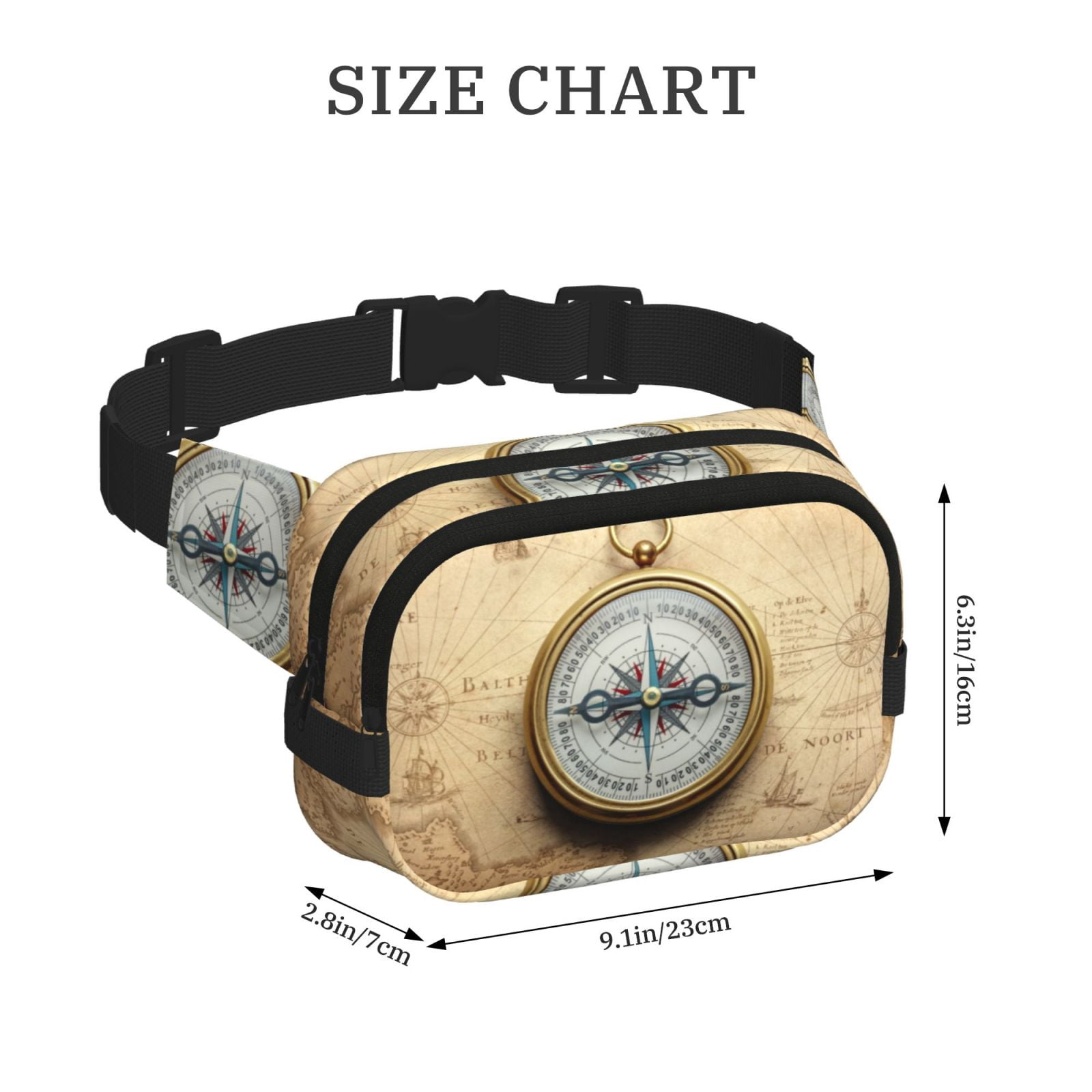 Picia Magnetic Old Compass On World Map Print Square Double-Layer Waist Bag Mini Adjustable Waist Belt Bag Exercise Running Travel Hiking