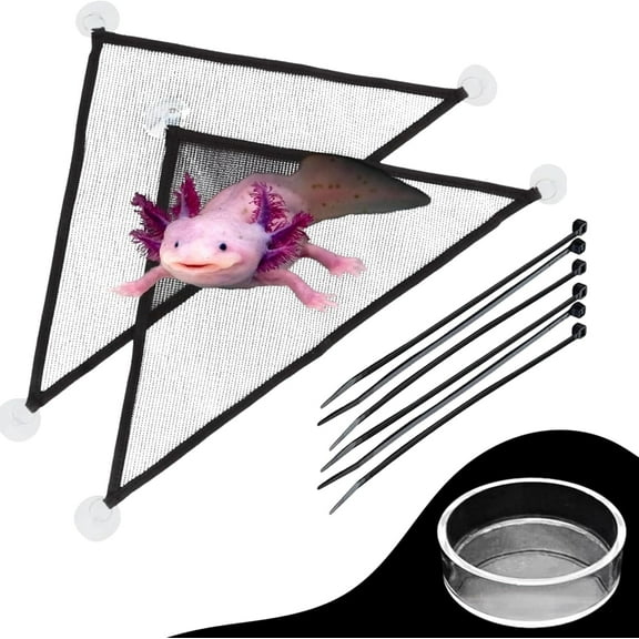 Axolotl Aquarium Mesh Hammock with Feeding Dish, Corner Lounger Ladder Reptile Tank Accessory, Black, Medium , 2 Mesh Hammocks, 1 Glass Feeding Dish