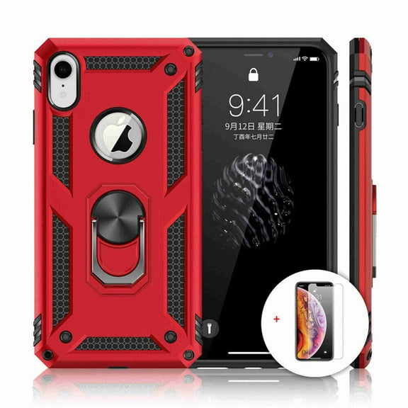 Dteck Case Full Protect Magnetic Hybrid Ring Back Holder Kickstand Case Cover For iPhone 7 Plus, 8 Plus, Red with screen protector