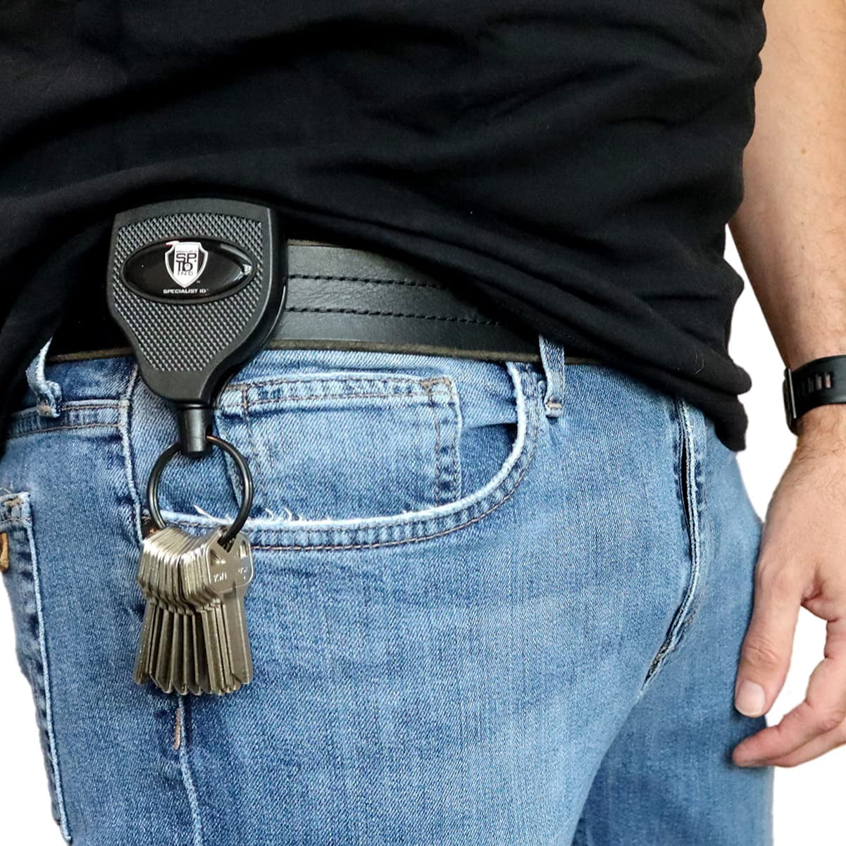 2 Pack - Super Heavy Duty Retractable Keychain - 8oz or 10 Keys - Durable 48” (4 Ft) Kevlar Lanyard - Rugged Polycarbonate Key Chain Ring Reel Badge Holder w/Steel Belt Clip by Specialist ID (Black)