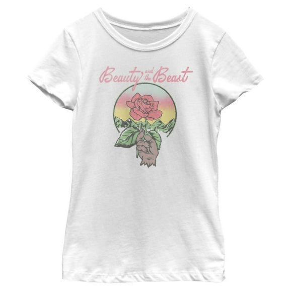 Girl's Beauty and the Beast Retro Rose Graphic Tee White Medium