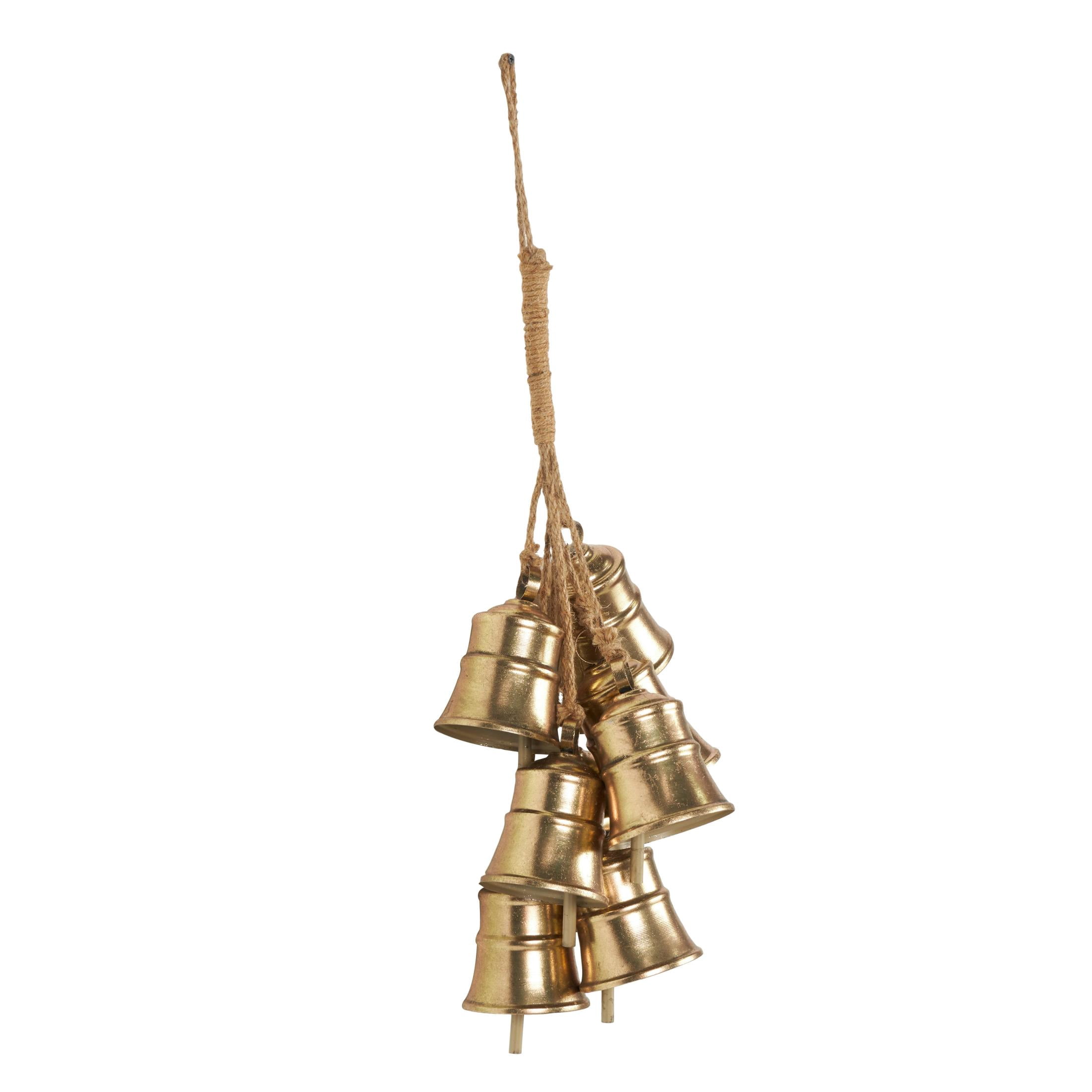 DecMode Tibetan Inspired Cascading Cluster Gold Metal Cluster Decorative Bells with 8 Bells on Jute Hanging Rope