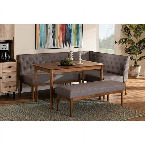 Baxton Studio Riordan Mid-Century Modern Grey Fabric Upholstered and Walnut Brown Finished Wood 4-Piece Dining Nook Set