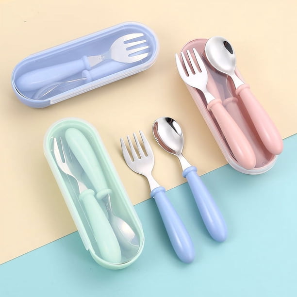 Vajilla infantil de acero inoxidable 304 con dibujos animados, tenedor, cuchara, caja, juego de tres piezas, vajilla para bebé, regalo para madre y bebé, cuchara, tenedor, mango redondo