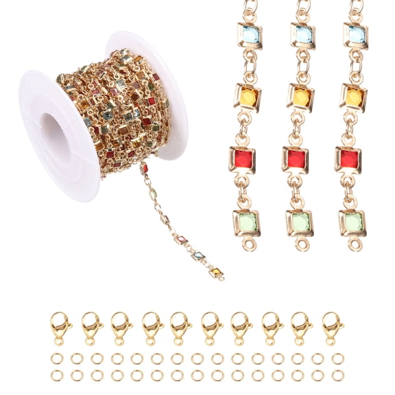 Uxcell 16.4Ft Square Glass Bead Chain Roll, Jewelry Making Chain Links Bulk with Lobster Claps Jump Rings for Jewelry Making Findings DIY Craft Necklace Bracelets, Gold Tone