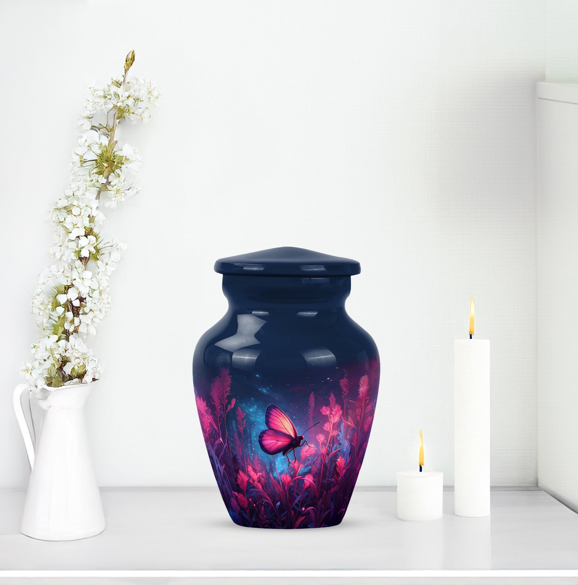 Butterfly Little Cremation Urn For Men & Women Ashes - Keepsake Blue Urns For Human Ashes For Male & Female - Little Urns For Girl And Boy - Pink Flowers Small Urn For Adults, 3 Inch