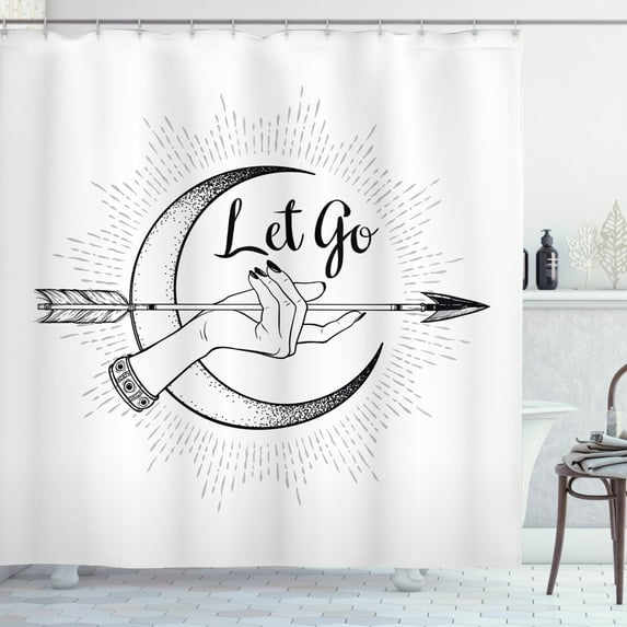 Magic Moon Shower Curtain, Cursive Let Go Lettering with Crescent and Hand Holds Arrow Bohemian, Fabric Bathroom Set with Hooks, 69W X 84L Inches Extra Long, Charcoal Grey White, by Ambesonne
