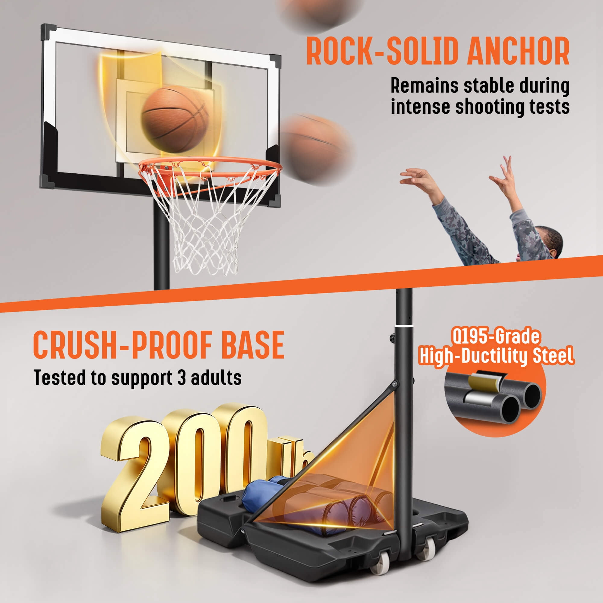 SERAY Adjustable Basketball Hoop for Kids, Teens & Adults, 3.3 to 10 feet Height, 40 inch Backboard, Portable with 2 Wheels, Indoor/Outdoor Use