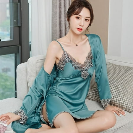 

PIKADINGNIS 2 Pcs Sexy Silk Robe Set Spring Summer Satin Print Sexy Nightgowns Bathrobe Women Pajamas Bath Rayon Robe Sleepwear Womens Dress