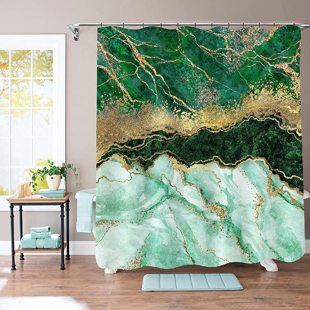 Green Marble Shower Curtain Set, Abstract Emerald Green Shower Curtain