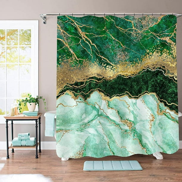 Green Marble Shower Curtain Set, Abstract Emerald Green Shower Curtain