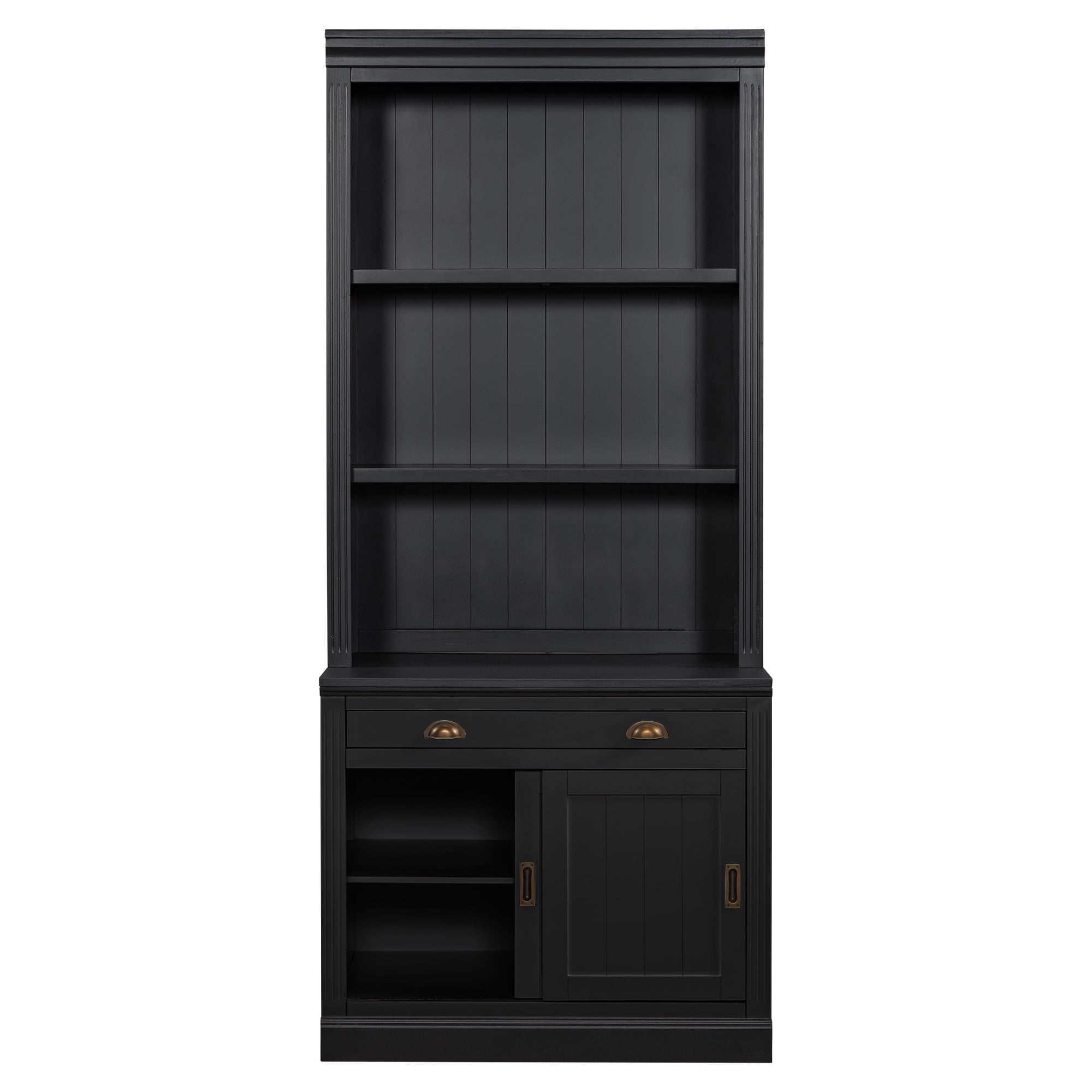 Harper & Bright Designs Tall Wood Bookshelf, Bookcases with Sliding Doors and Drawers, Storage Bookcase with LED Lighting and Open Shelves, Black