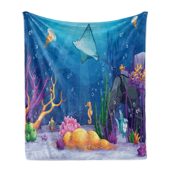 Ocean Soft Flannel Fleece Blanket, Underwater Sea Life Fish Moss Shells Bubbles Stones and Sunbeams Rays Cartoon Pattern, Cozy Plush for Indoor and Outdoor Use, 50" x 70", Multicolor, by Ambesonne