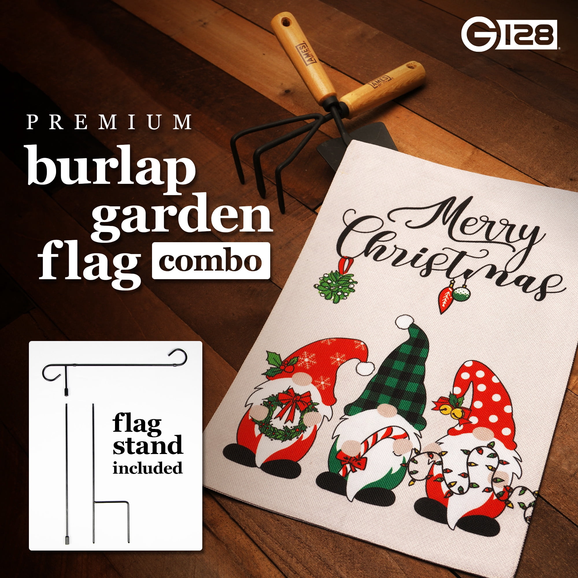 G128 2sets: 36"x16" Garden Yard Flag Stand Black & 12"x18" Double-Sided Christmas Garden Flag Gnomes