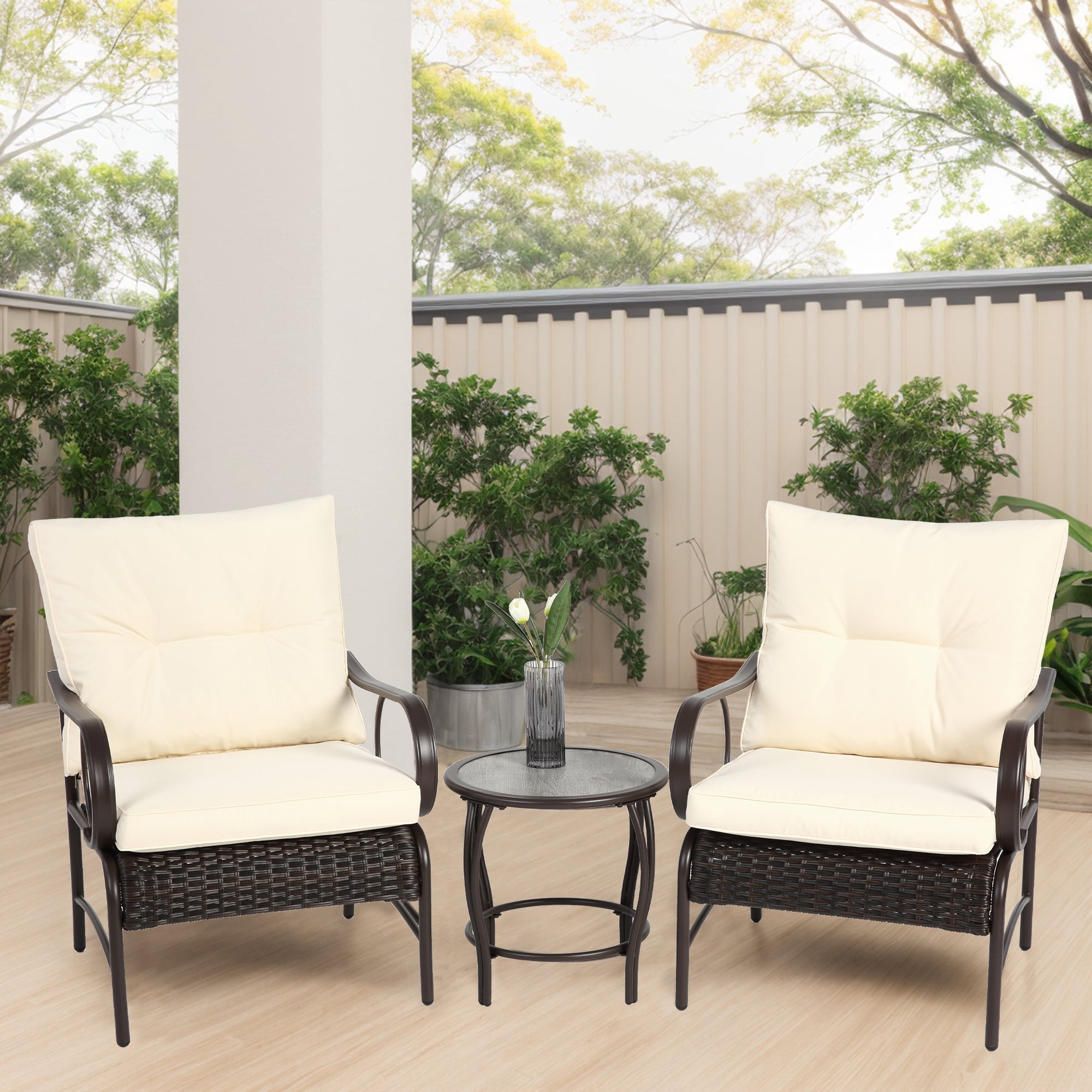 3 Pieces Patio Furniture Sets,Outdoor PE Rattan Wicker Chairs with Soft Cushion and Coffee Table for Garden Backyard Porch Poolside,Beige