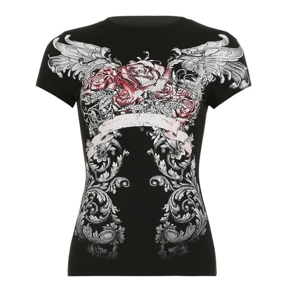 DHFJKG Gothic Clothes For Women T Shirt Punk Floral Print Short Sleeve Slim Fit Graphic Tees Summer Vintage Tshirts Soft Tops