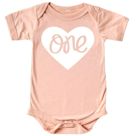 

Baby Girls First Birthday Bodysuit One Inside Heart Design 1st Birthday Outfit White on Peach Bodysuit 12 Months