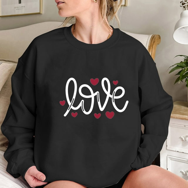 Qertyioot Sweat-Shirt de la Saint-Valentin pour Femmes, Col Rond Imprimé de Noël Lettres Manches Longues Mode Ample
