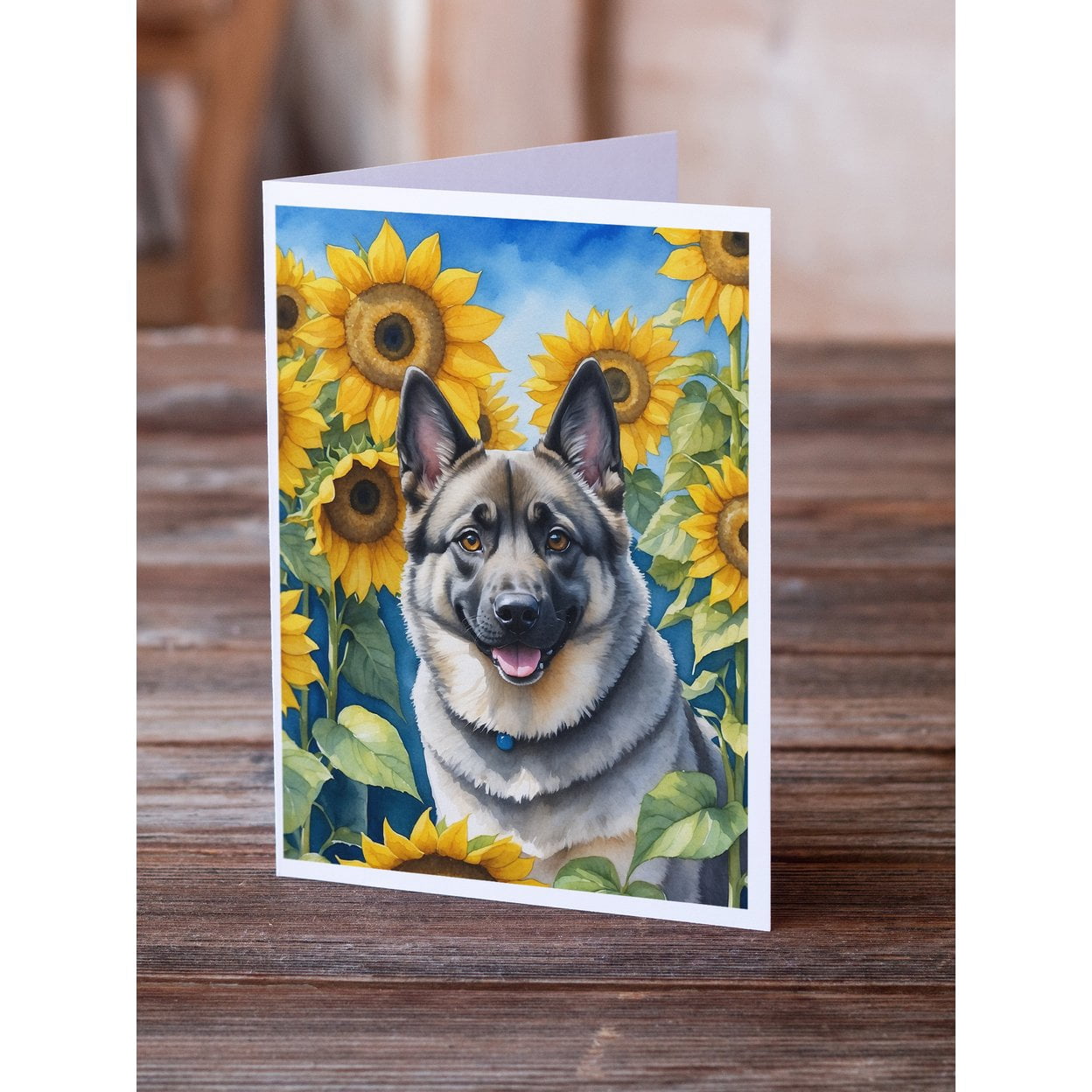 Norwegian Elkhound in Sunflowers Greeting Cards Pack of 8 7 in x 5 in