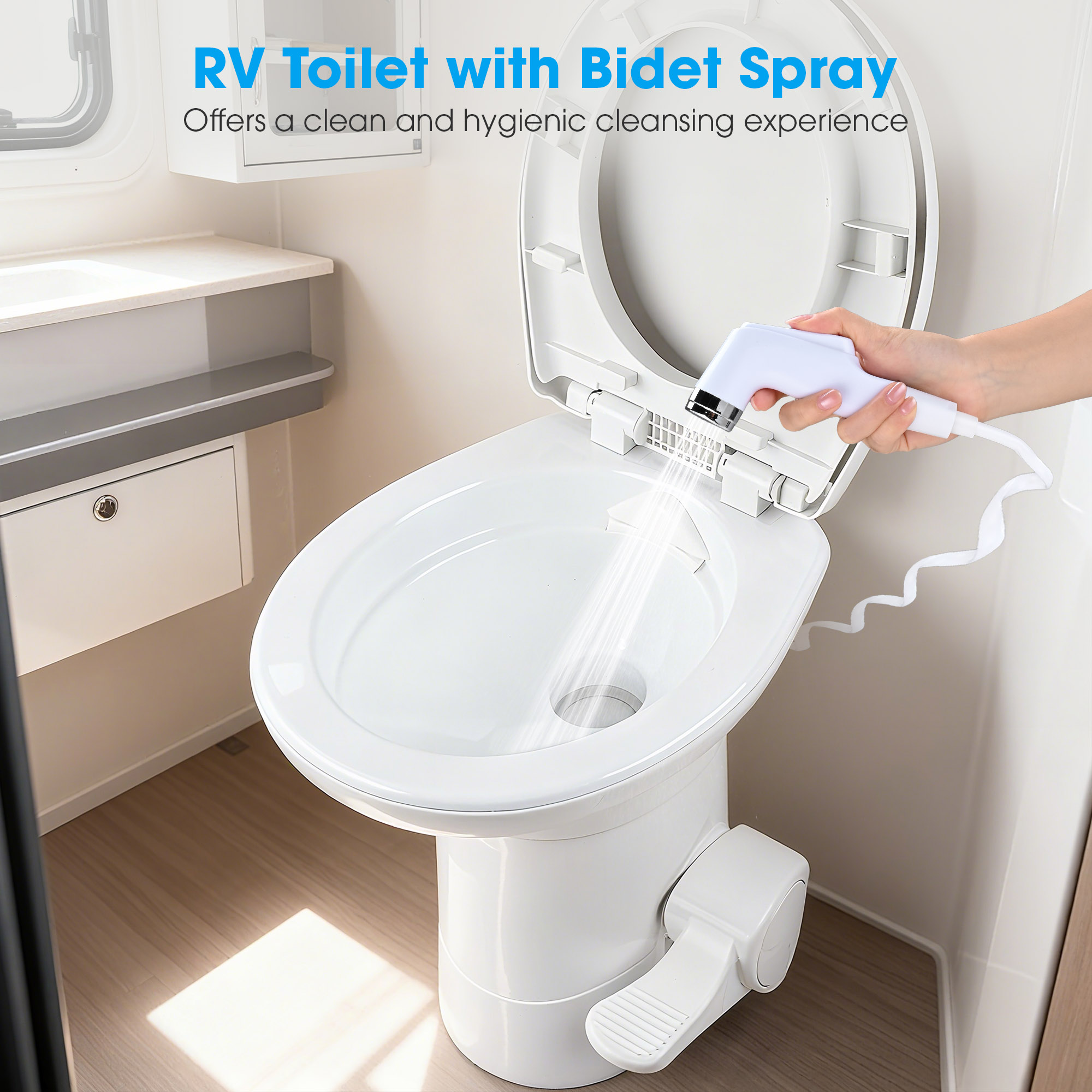 Yescom RV Camper Toilet Gravity Flush Enamel Elongated 20" High w/ Bidet Spray Caravan