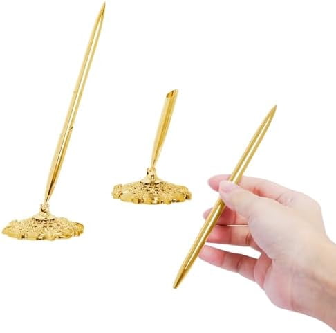 2 Pcs Gold Hollow Round Pen Holder Metal Pen Stand Holder Set Signing Pen Set Signing Desk Ballpoint Pens for Guest Book Wedding Birthday Party Graduation Teacher Office Business