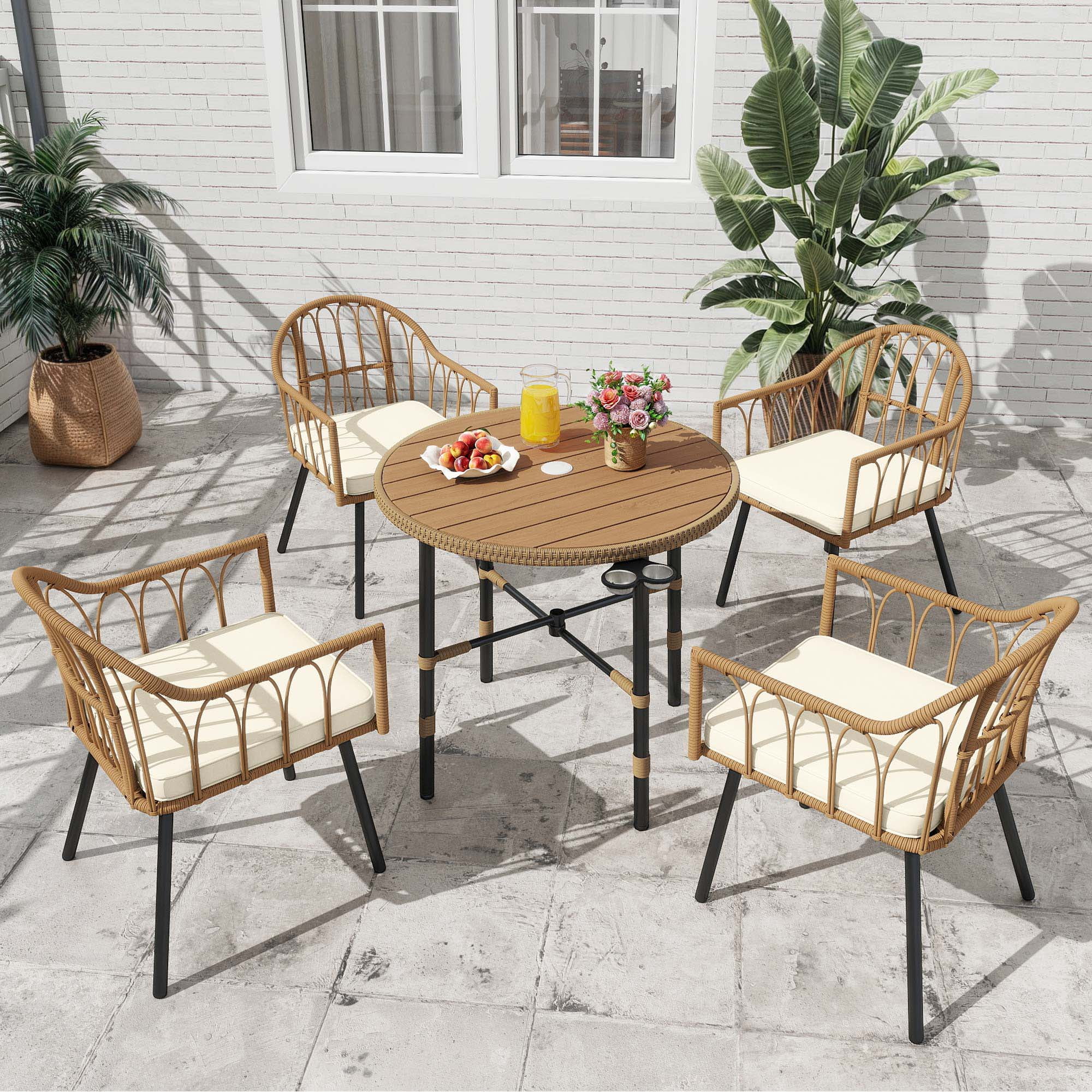 Uforic 5 Pieces Outdoor Patio Dining Table Set, 4 Rattan Wicker Dining Chair and ROUND Dining Table with Umbrella Hole for Garden, Lawn,Patios, Backyard