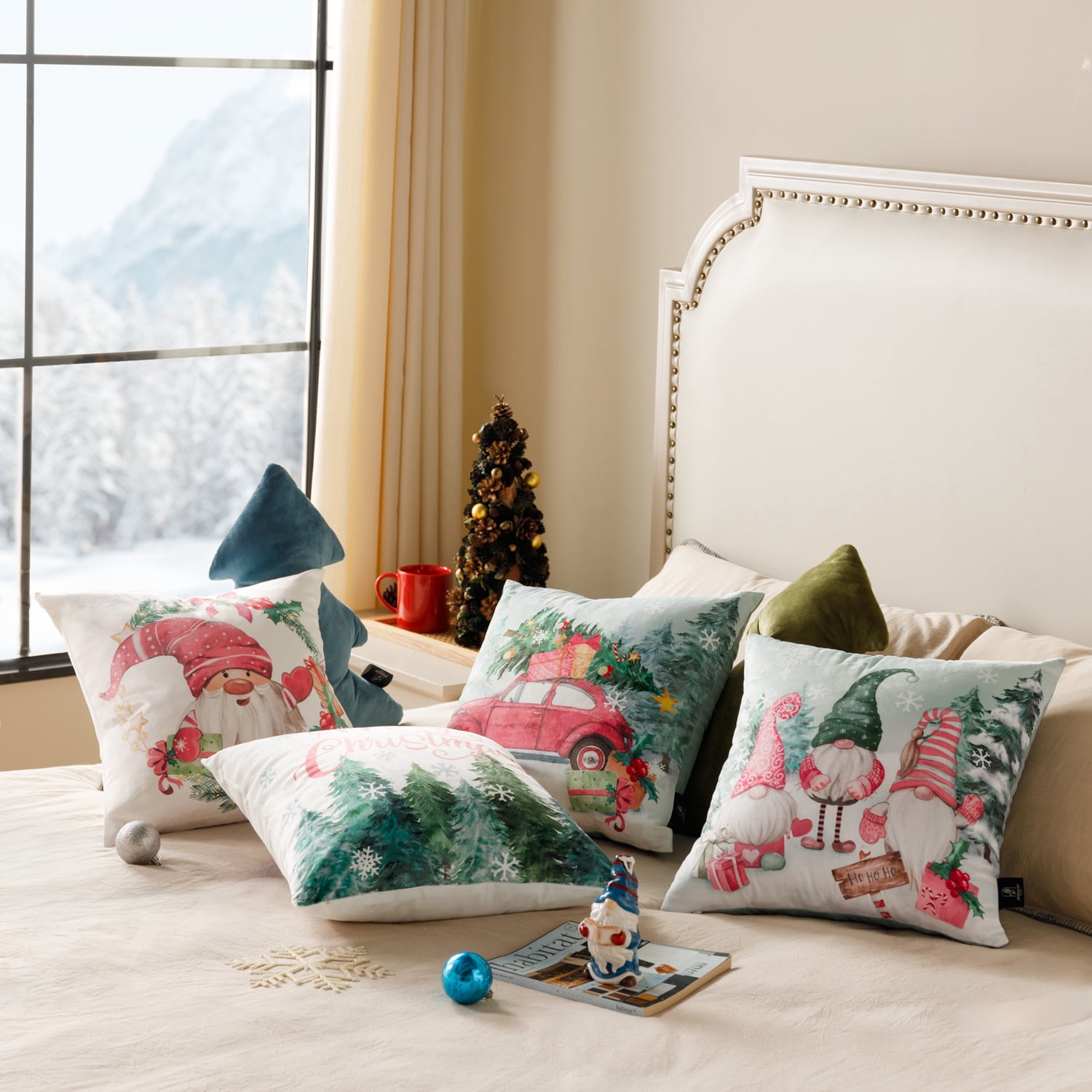 Christmas Santa Claus Decorative Pillows, Velvet Printed Christmas Tree and Car, 18" x 18", Pink, Set of 4