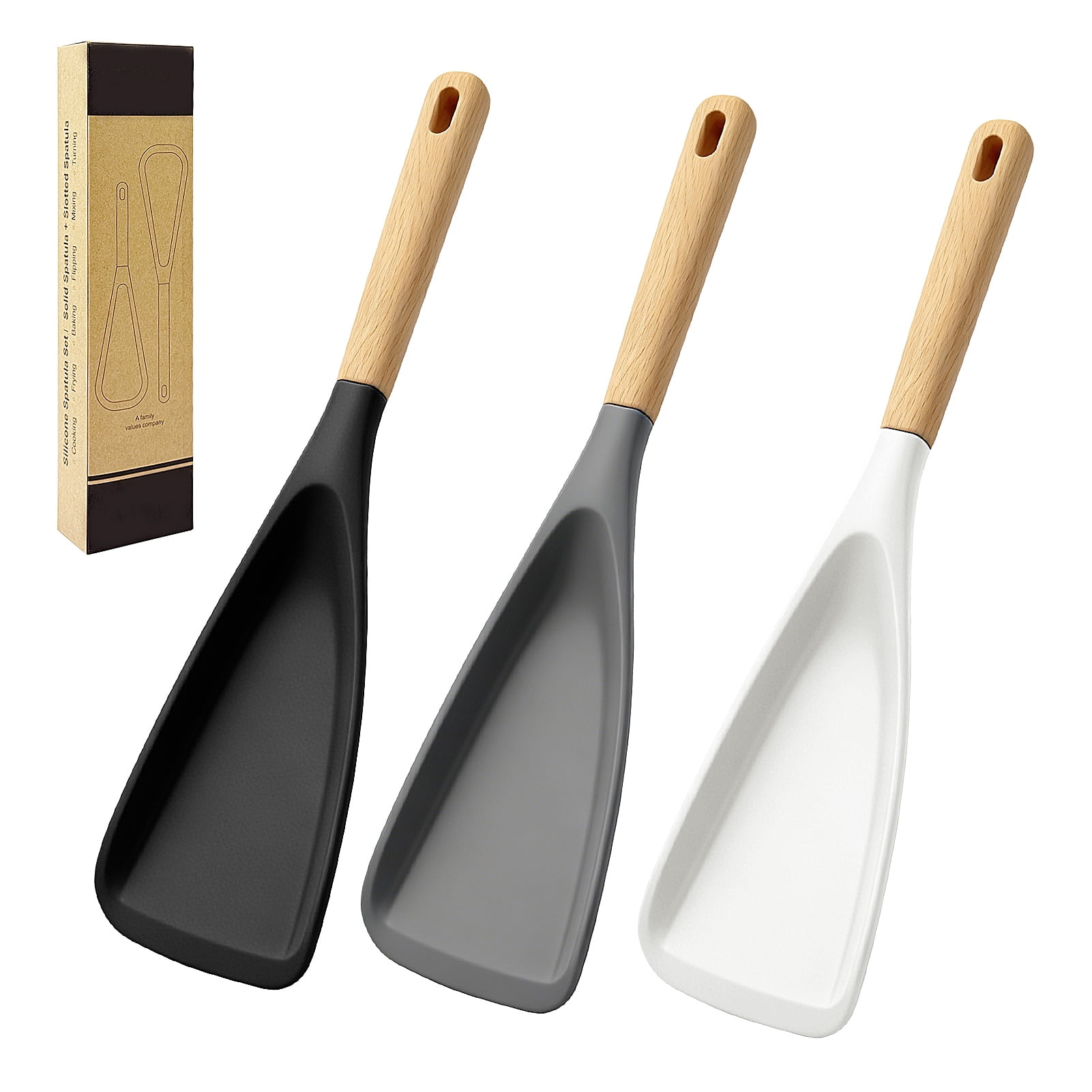 Godance 3 PACK Multifunction Silicone Cooking Spoon Spatula for Nonstick Cookware, Heat Resistant BPA-Free Kitchen Gadgets Utensil Set with Wooden Handle, Spoonula Spurtle for Mixing, Scoop, Scrape