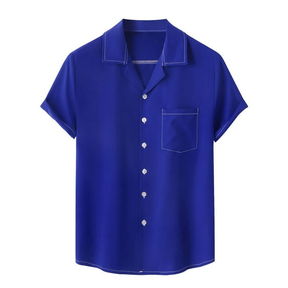Male Summer Hawaii Solid Shirt Short Sleeve Pocket Lapel Collar Button Shirt