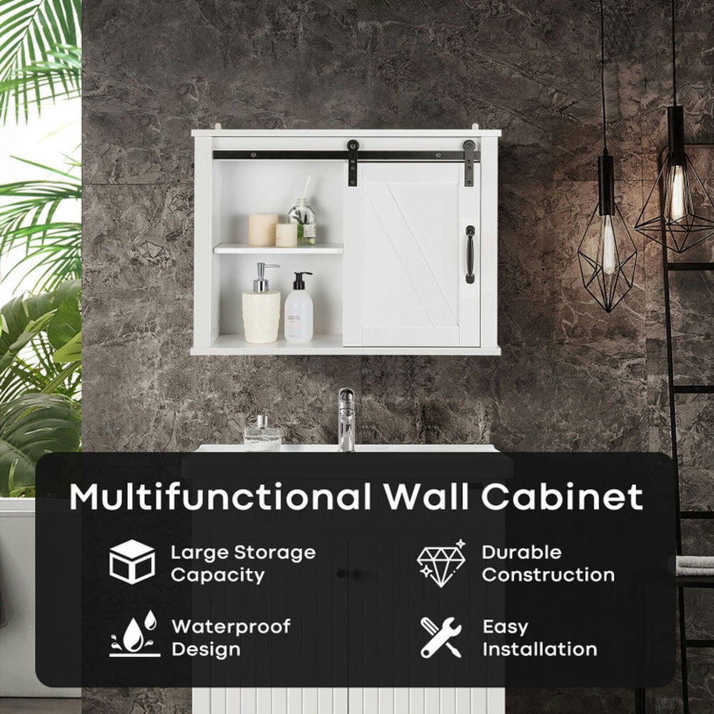 Finihen Wall Cabinet, Wall Mounted Bathroom Cabinet, Medicine Cabinet, Bathroom Wall-Mounted Medicine Cabinet Organizer with Sliding Barn Door, for Bathroom, White