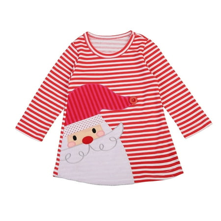 

Baby Girls Kids Christmas Santa Claus Long Sleeve Striped Tshirt Dresses One Piece Xmas Clothes